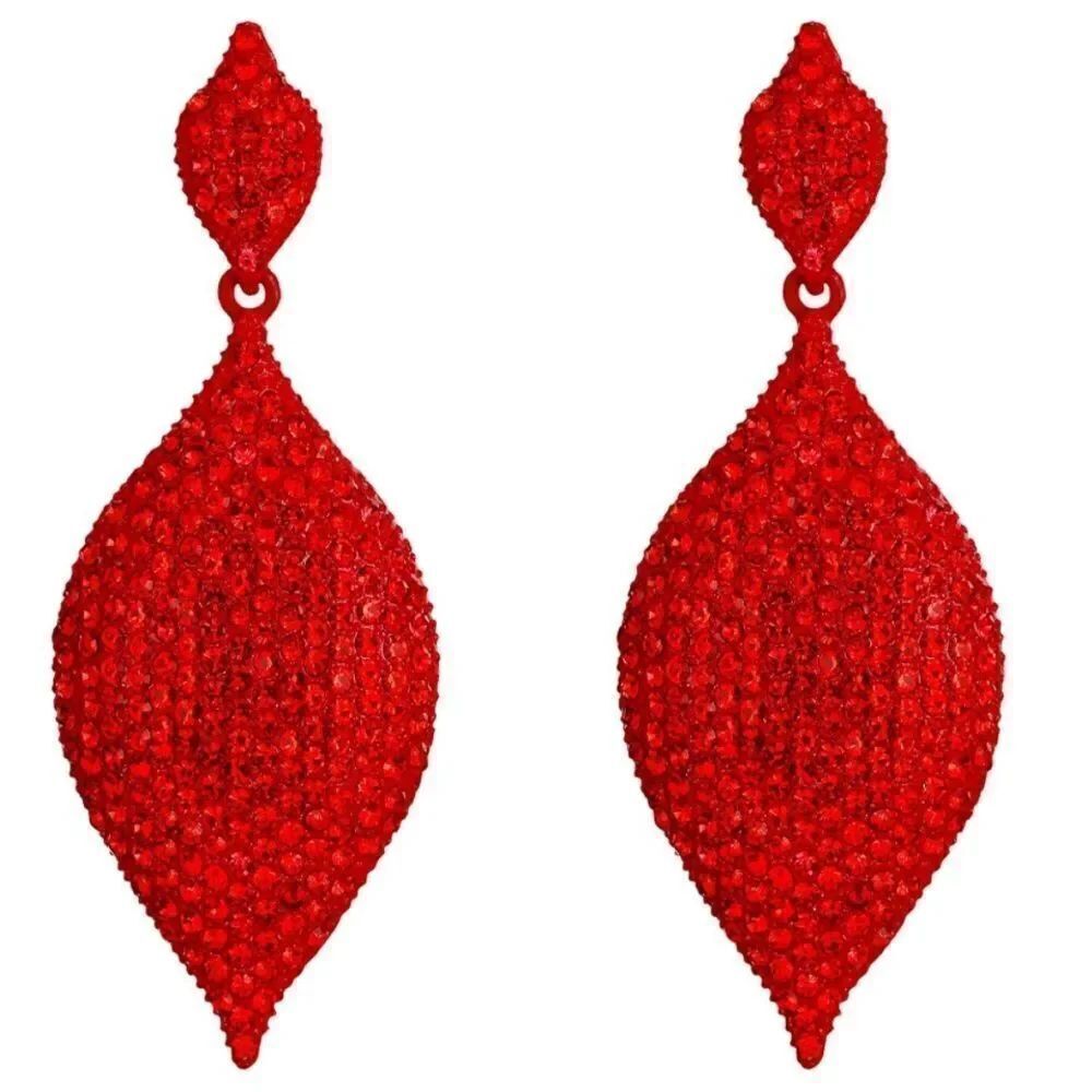 Red with Ruby Red Austrian Crystal Rhombus Leaf Chandelier Post Back Earrings